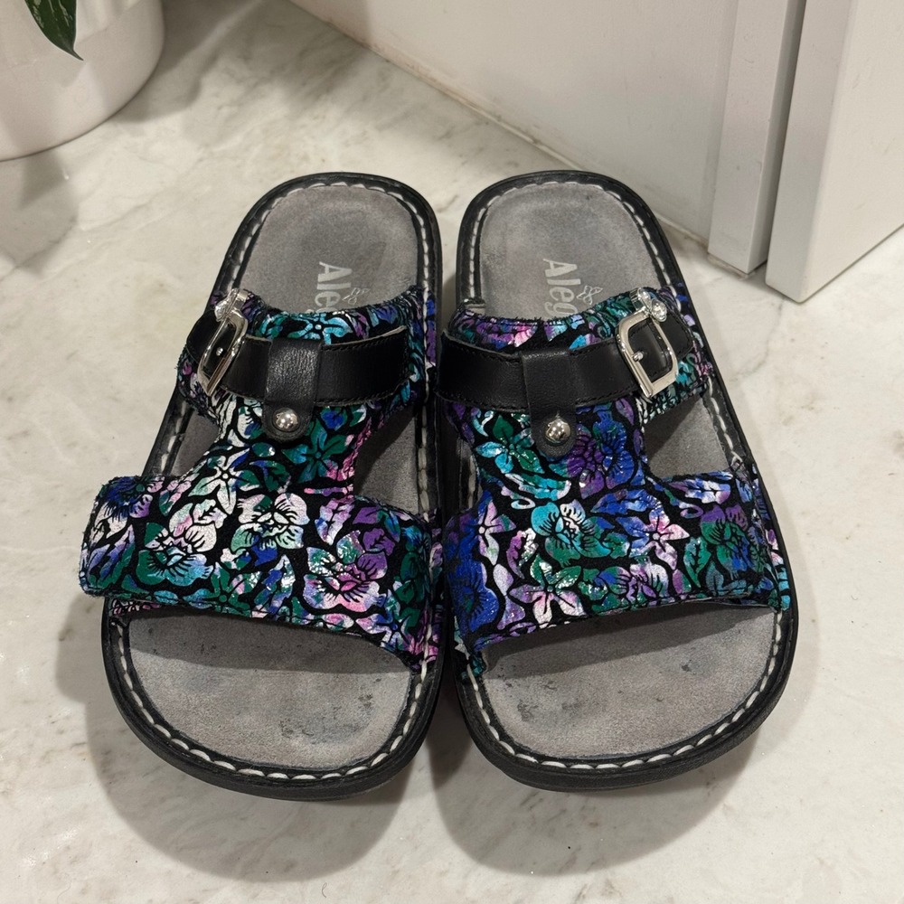 Alegria Peggy Sandals Size 38 Black Purple Floral Leather Slides Comfort Buckle - Picture 7 of 9